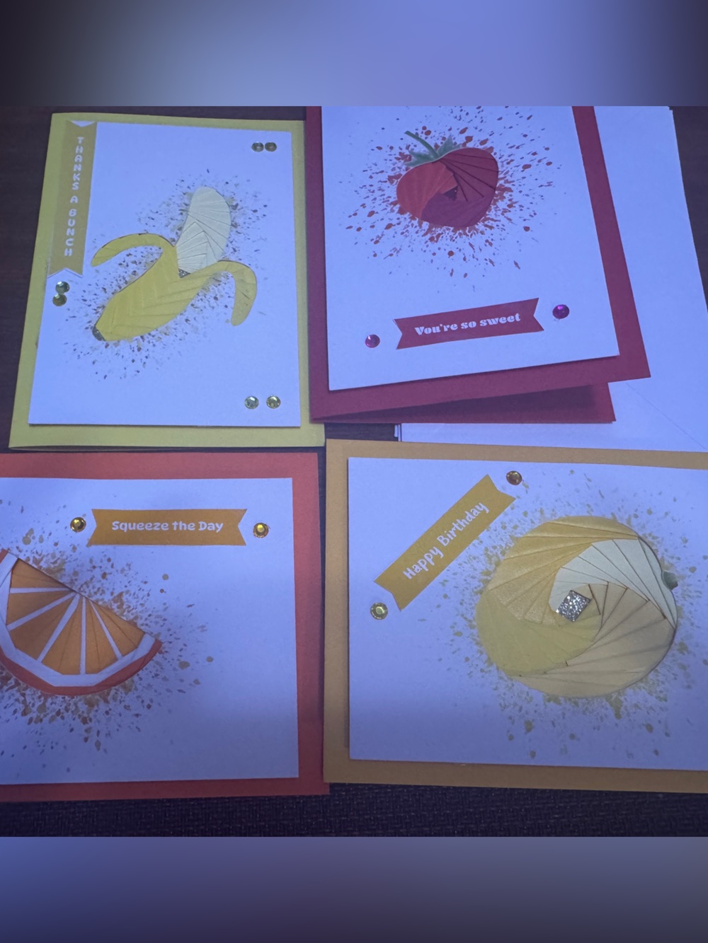 4 Handmade Iris folding fruit greeting cards